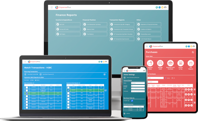 ExpensePlus shown on multiple devices including mobile, tablet and desktop